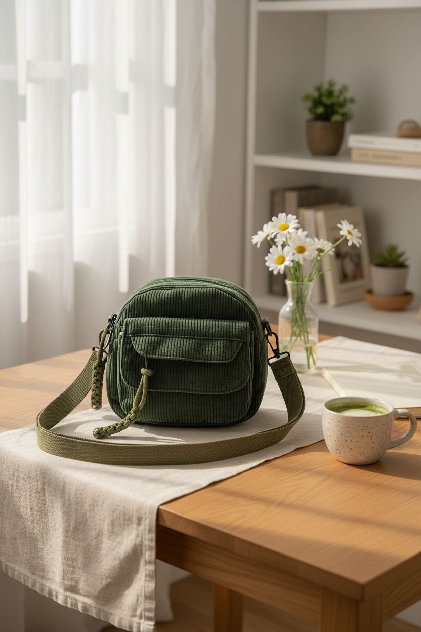 Aufona cute crossbody bag on a serene study nook table, showcasing kawaii aesthetics.