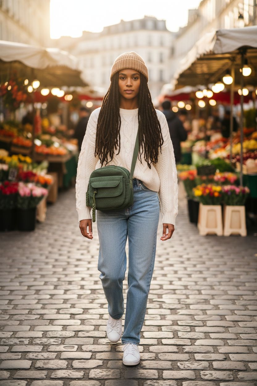Aufona cute crossbody bag in green corduroy at a farmer's market, stylish and trendy.