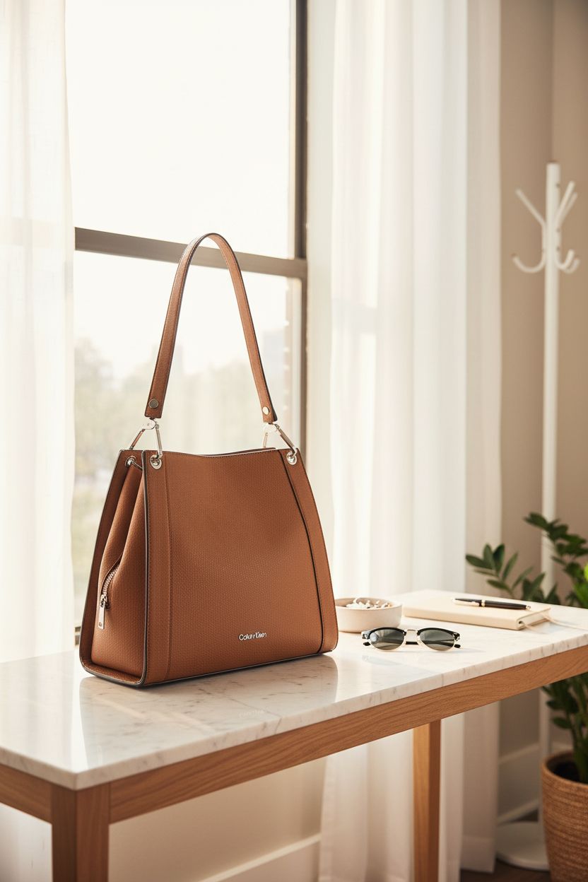 Calvin Klein Reyna shoulder bag in caramel mix, elegantly placed on a marble console, exuding sophistication.
