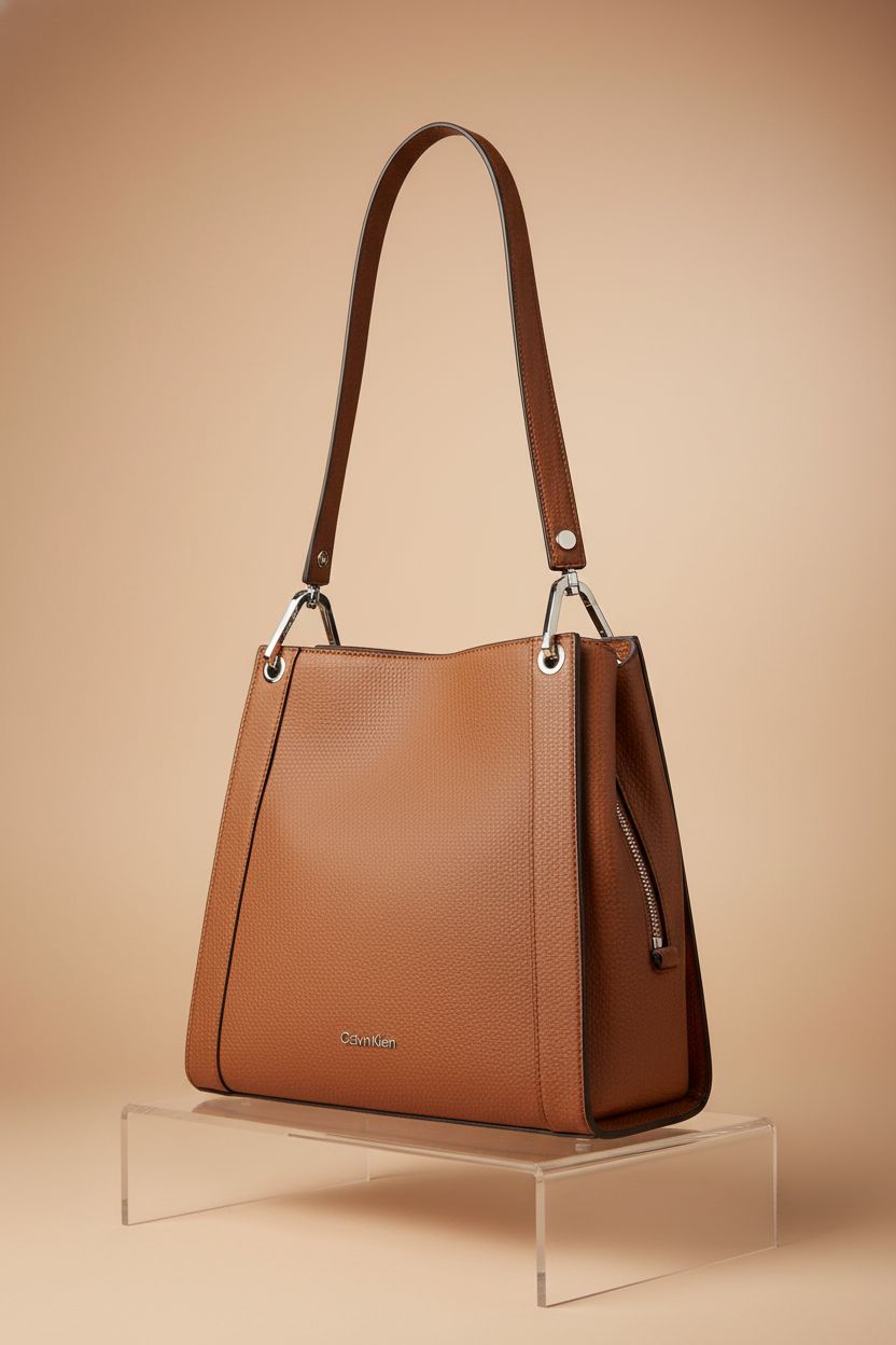 Calvin Klein Reyna shoulder bag in caramel mix on a warm backdrop, emphasizing its pebbled vegan leather and refined details.