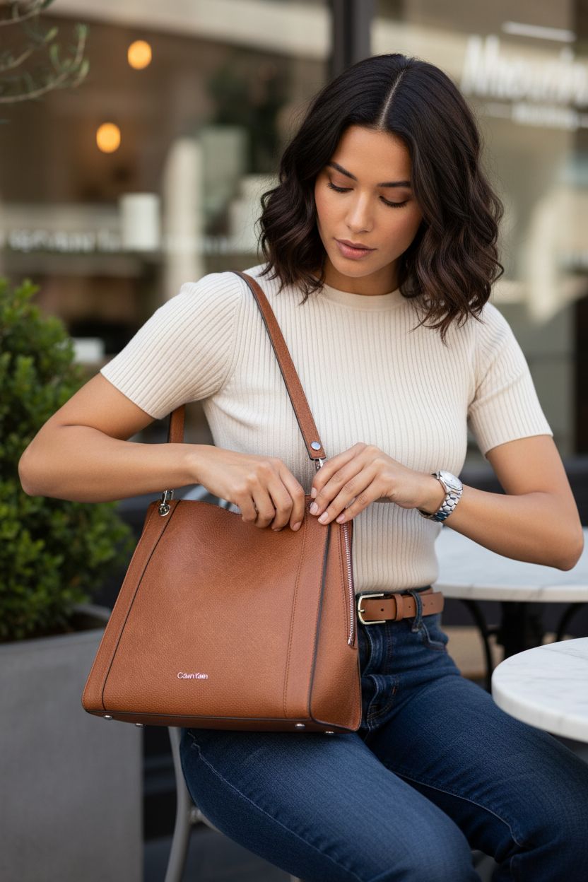 Calvin Klein Reyna shoulder bag with caramel accents, displayed on a café patio, highlighting its versatile compartments.