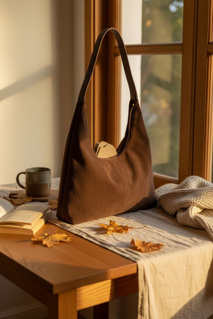 Rich chocolate crescent bag by Bagkeak among cozy autumn decor and fallen leaves.