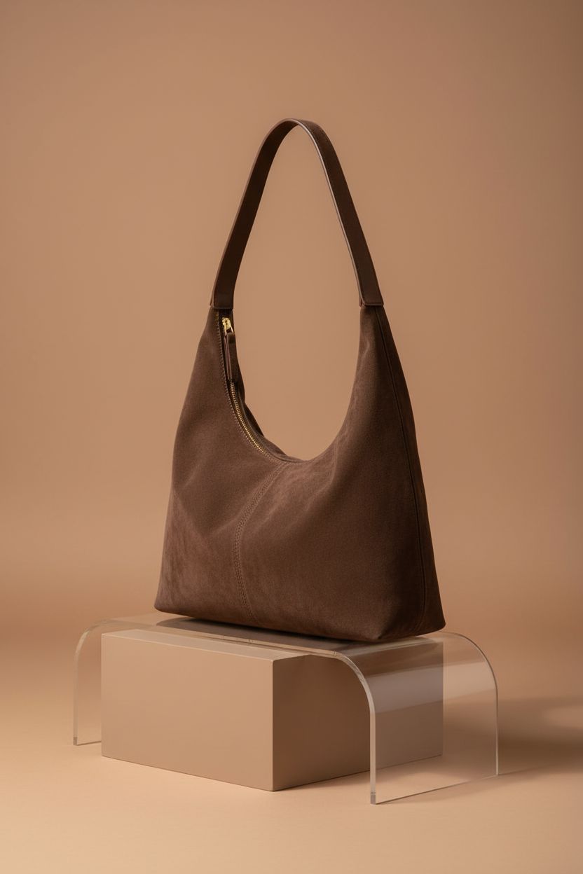 Elegant slouchy suede handbag by Bagkeak showcased on a minimalist display.