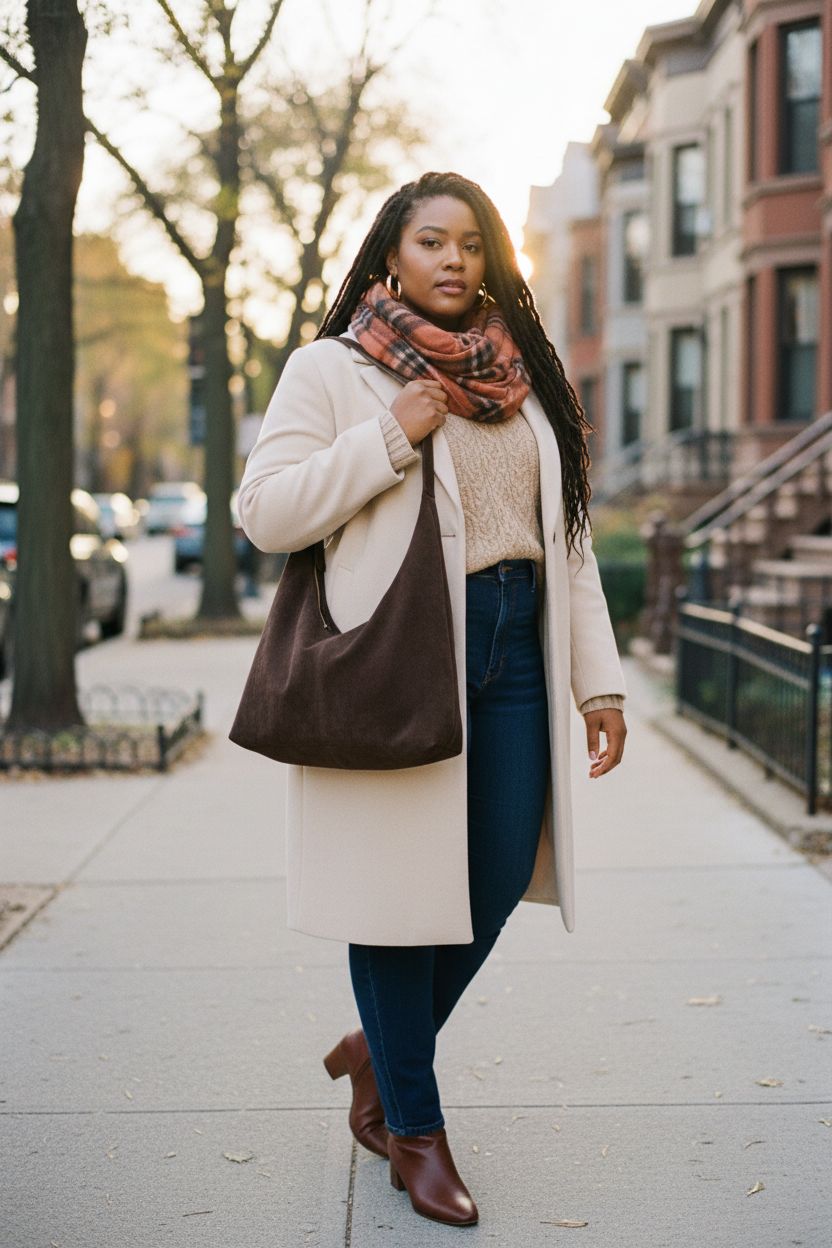 Deep chocolate suede crescent tote bag by Bagkeak underarm during a fall stroll.