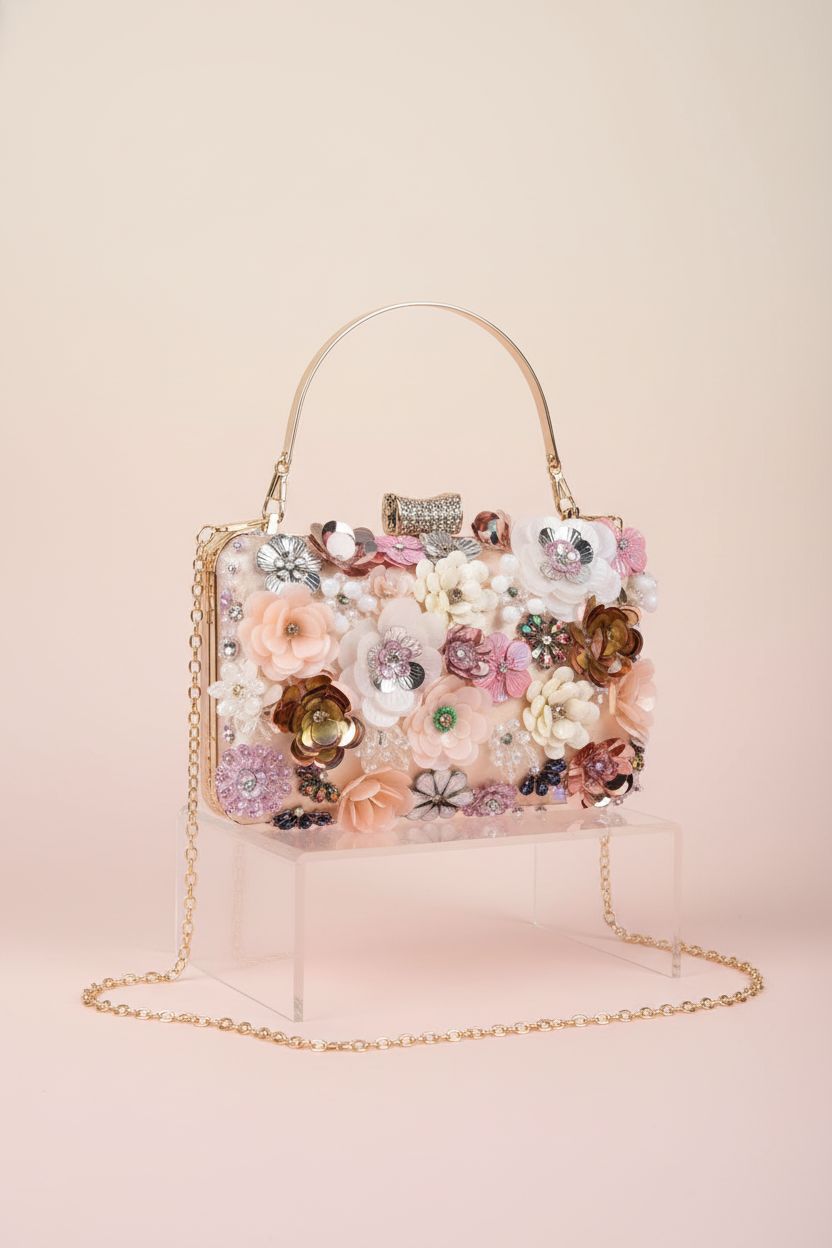 Fecialy stunning floral evening bag on a studio background, showcasing craftsmanship
