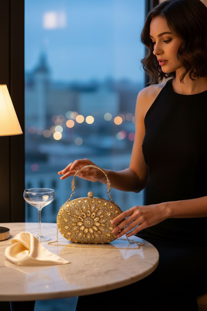 Suhatjia gold clutch purse on a table with champagne in a cozy lounge
