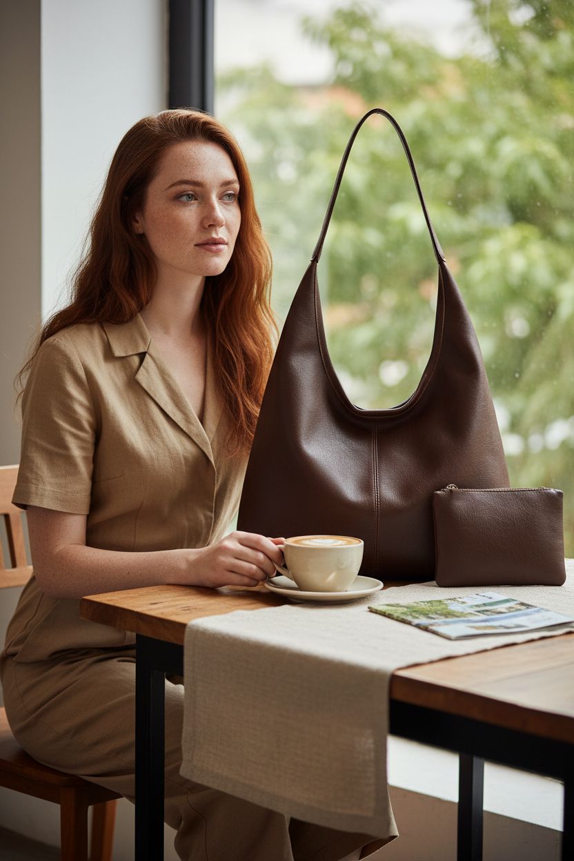 JueiXeoy coffee-brown hobo bag beside a latte in a cozy café setting, evoking a relaxed travel vibe.