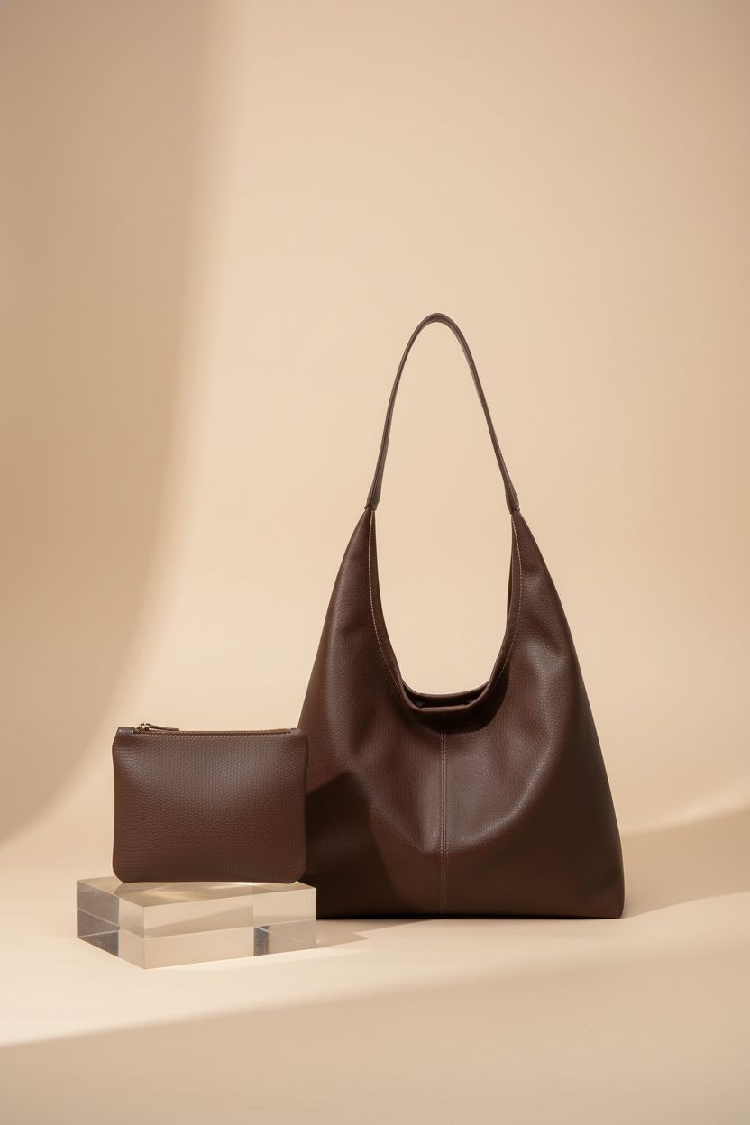 JueiXeoy vegan leather slouchy hobo bag displayed on minimal acrylic block, showcasing its elegant design.