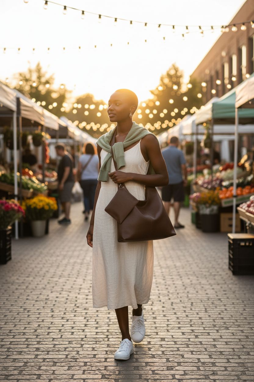Coffee-brown JueiXeoy hobo bag slung over shoulder at a farmers' market, complementing casual weekend style.