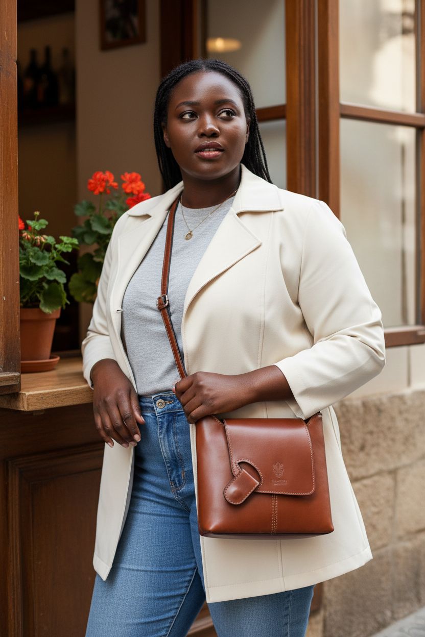 LaGaksta Isabella Crossbody Bag in brown leather held at a café, showcasing adjustable strap and magnetic flap.