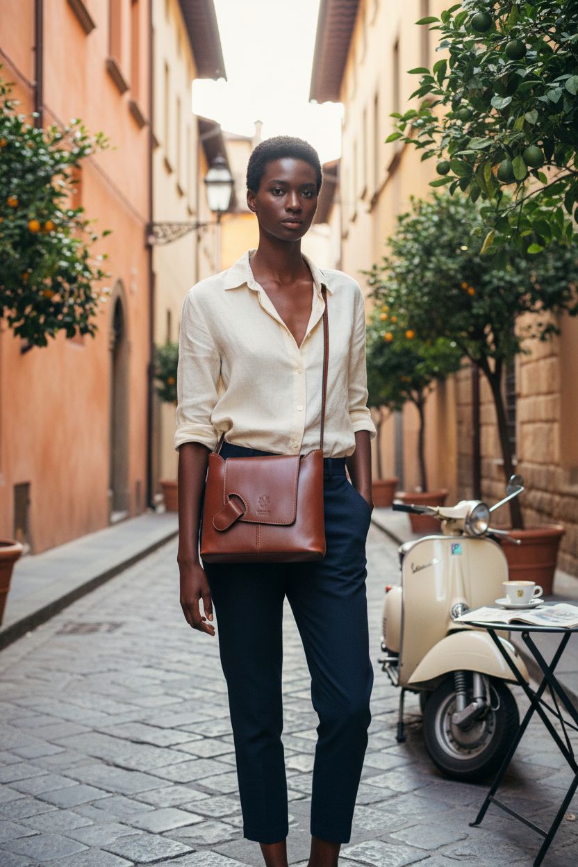 LaGaksta Isabella Crossbody Bag in brown leather on a cobblestone street, highlighting its elegant design and functionality.