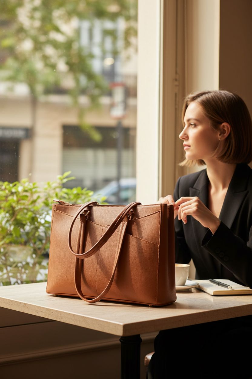 LOVEVOOK brown leather tote bag resting on a café table, evoking a relaxed yet stylish vibe.
