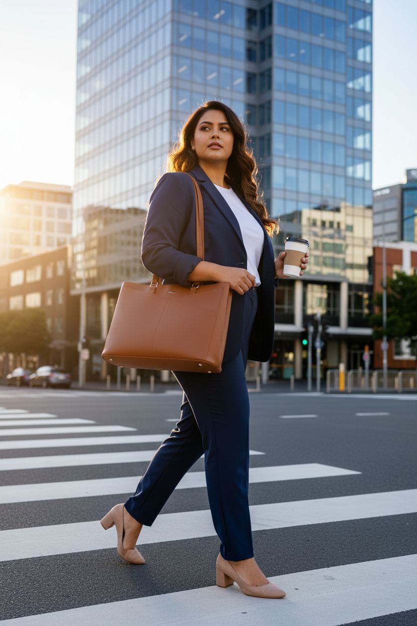 LOVEVOOK brown leather tote bag stylishly carried over a tailored outfit in a modern office setting.