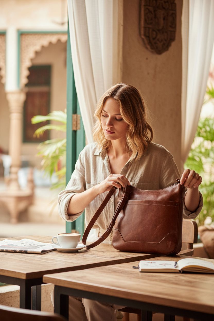Cognac leather swingpack by Frye on a café table, exuding warmth and style