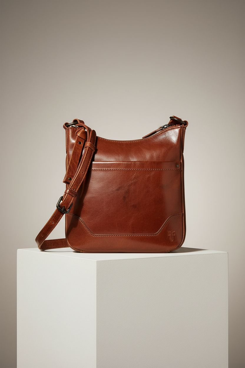 Minimalist presentation of Frye Melissa Swingpack in cognac leather