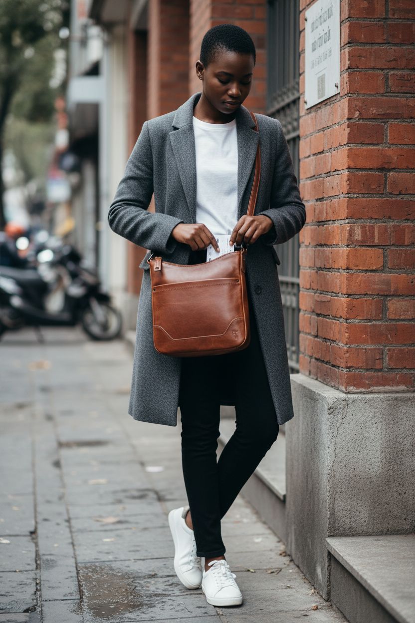 Frye cognac crossbody bag paired with a monochrome outfit on the sidewalk