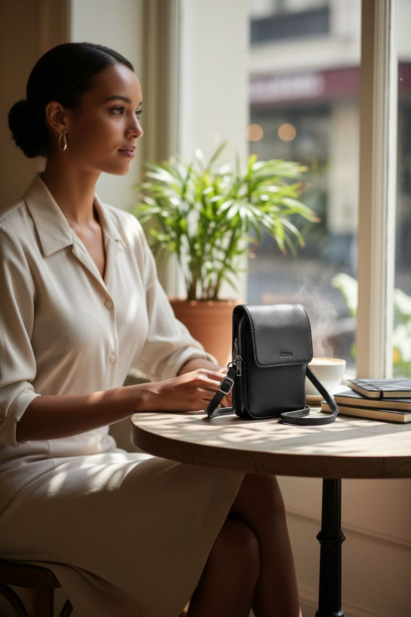 beFen leather crossbody bag resting on a café table next to a notebook and cappuccino.
