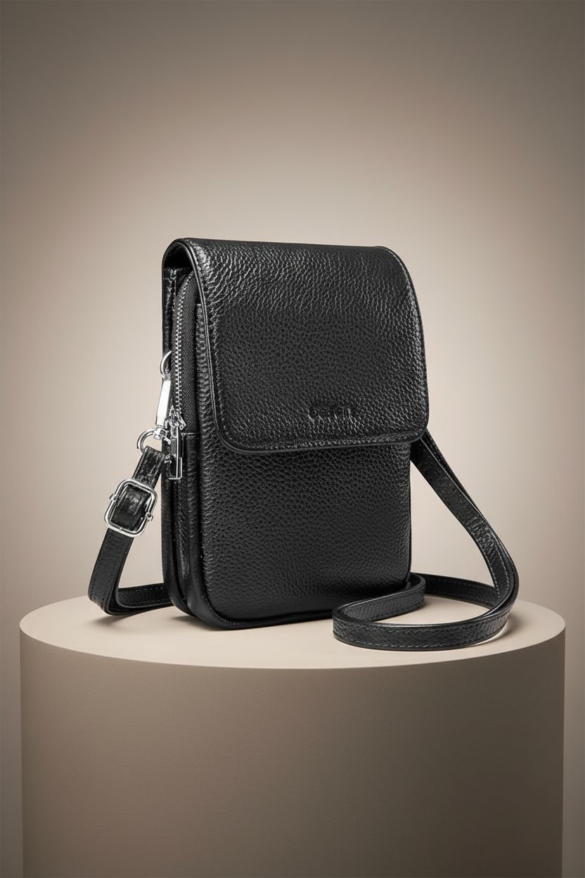 Product shot of befen black leather crossbody bag highlighting its sleek design and quality finish.