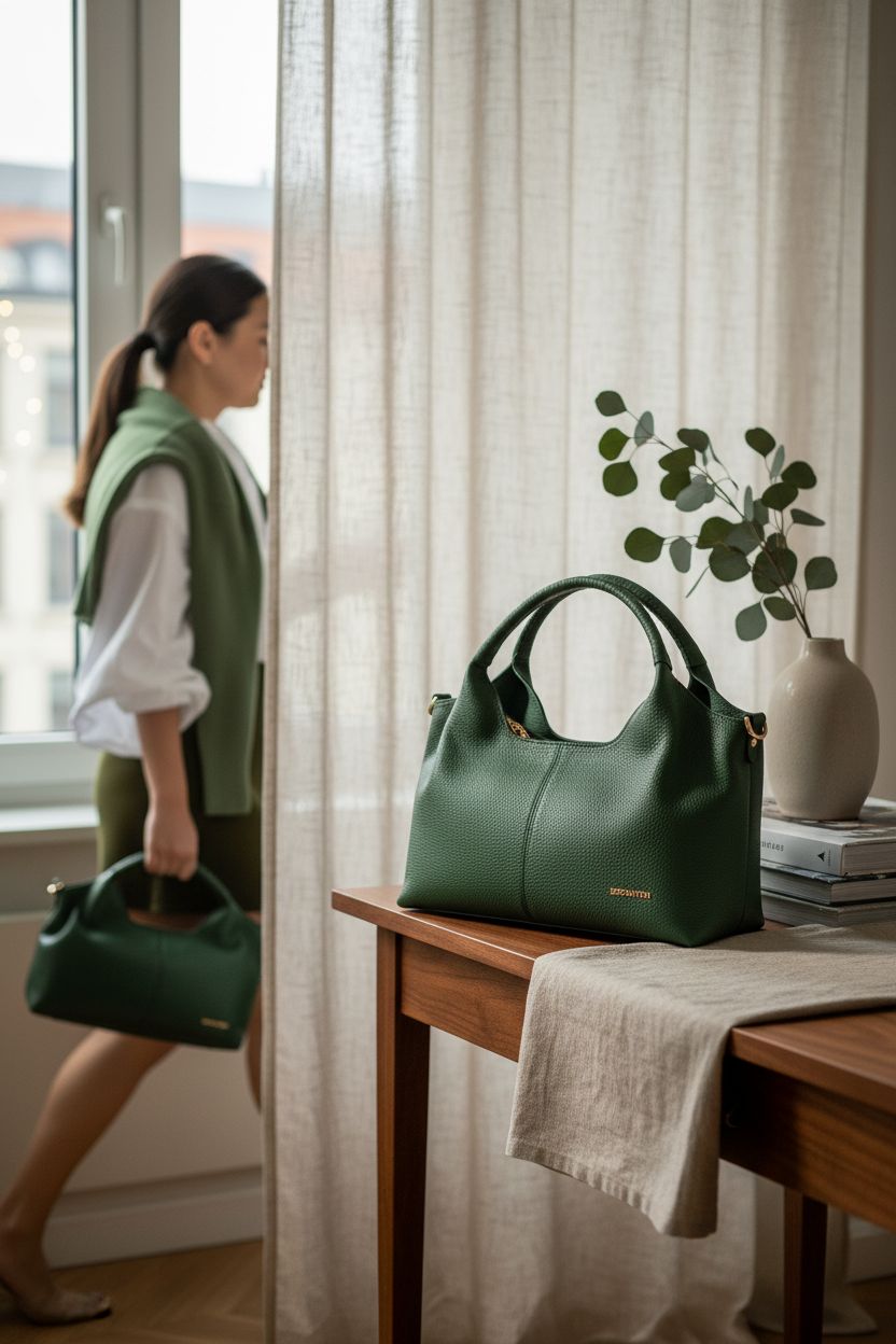 BOSTANTEN dark green leather handbag displayed in a cozy apartment setting