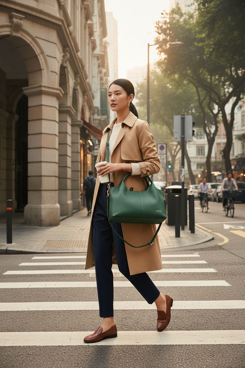 BOSTANTEN dark green leather handbag with adjustable strap in a chic urban setting