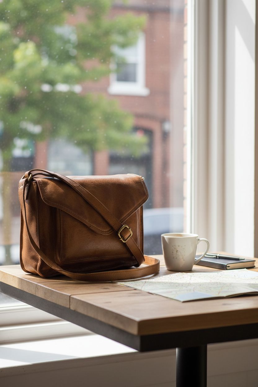 Tan leather bag by Ozora resting on a wooden table, ideal for journaling and slow travel.