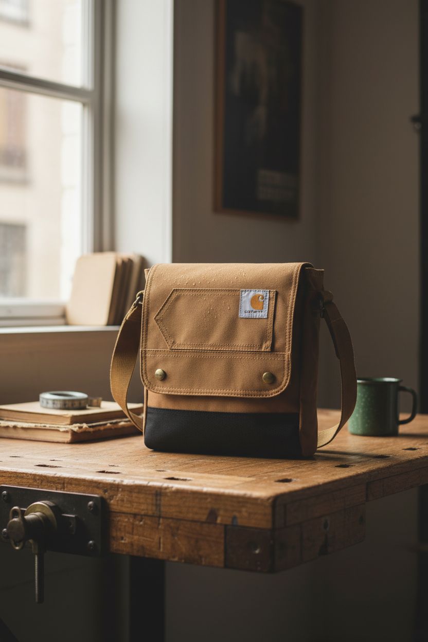 Carhartt brown crossbody bag resting on a rustic workbench, exuding a cozy, creative vibe