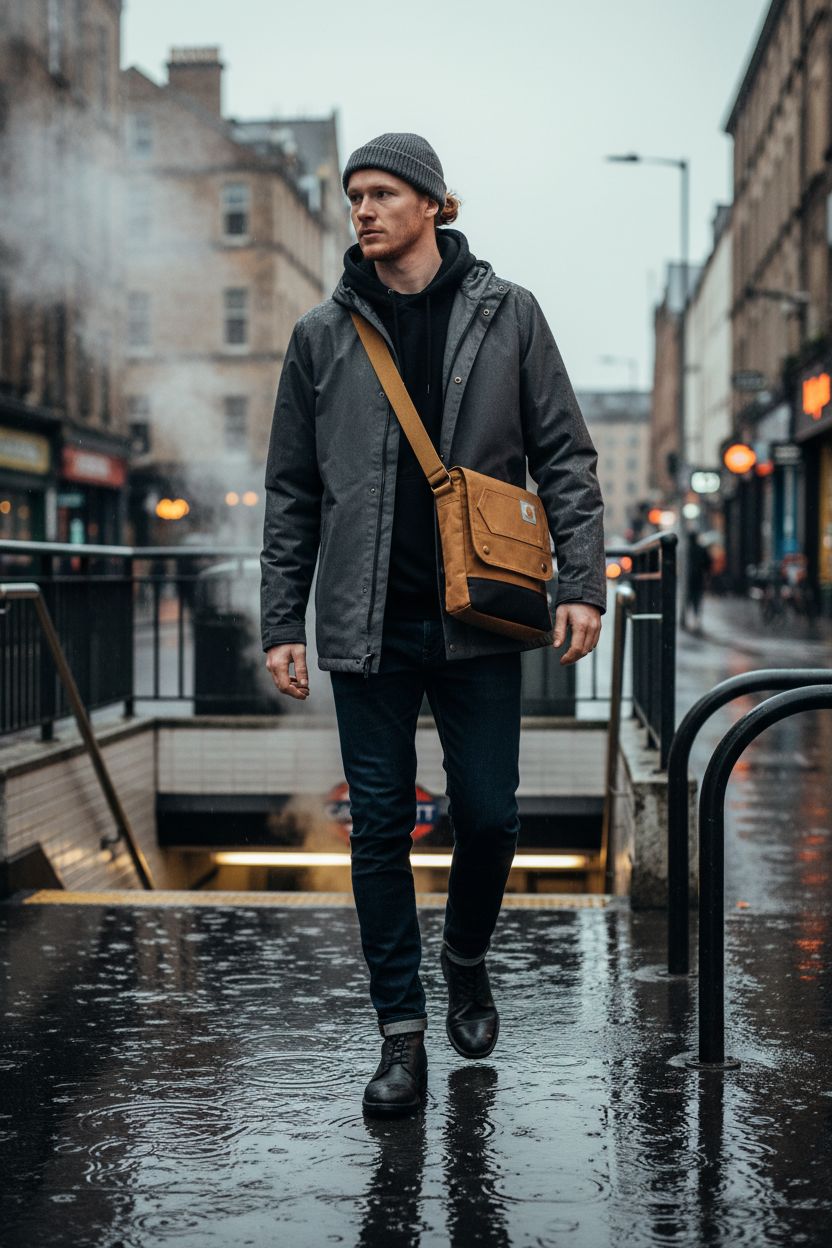 Carhartt brown crossbody bag styled against a rainy urban backdrop, showcasing its durability