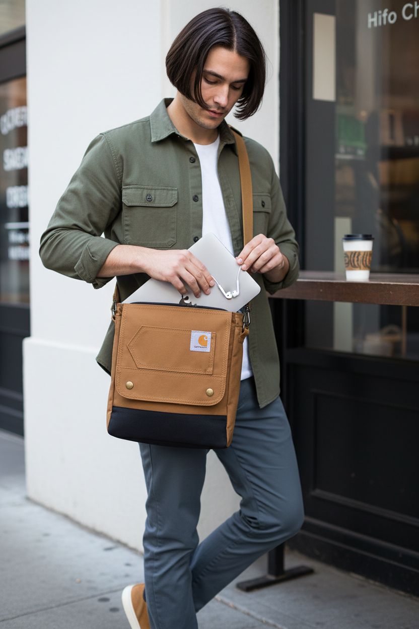 Carhartt brown crossbody bag with flap open, ideal for quick access to a laptop and earbuds