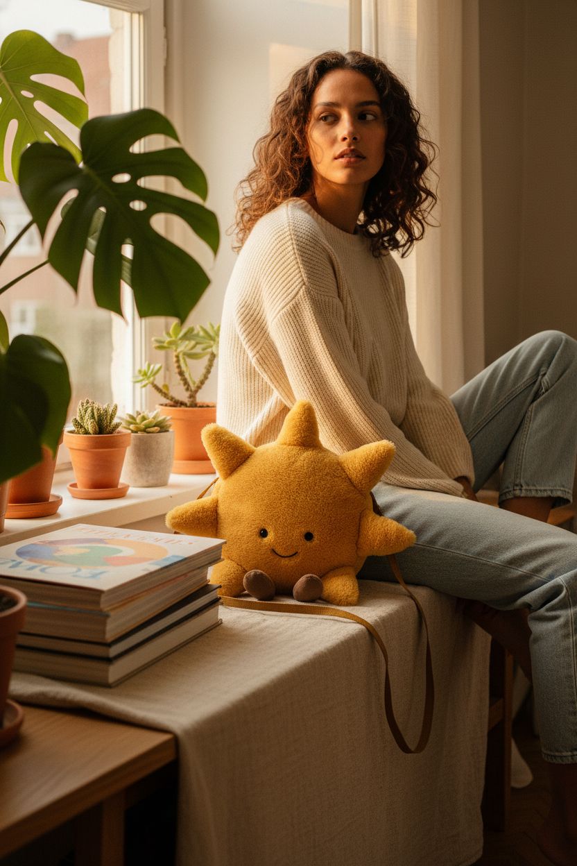 Jellycat Amuseables Sun Plush Bag in a cozy nook, radiating warmth and comfort.