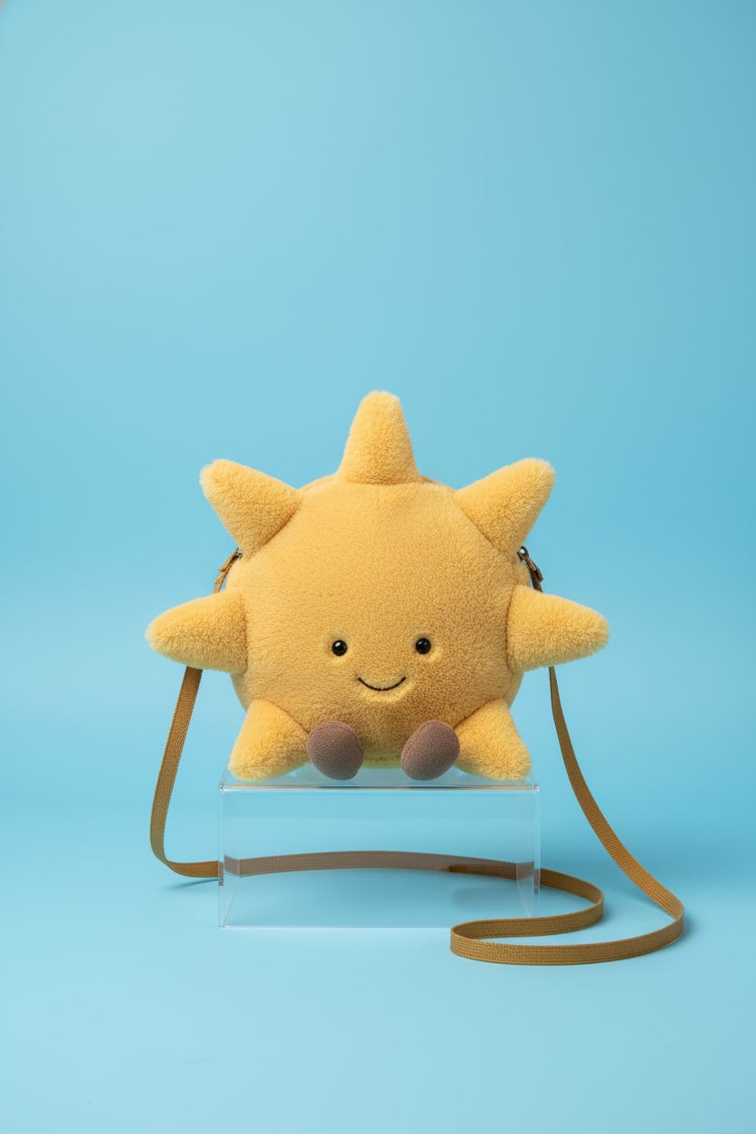 Jellycat Amuseables Sun Plush Bag displayed on a blue backdrop, highlighting its plush texture and design.