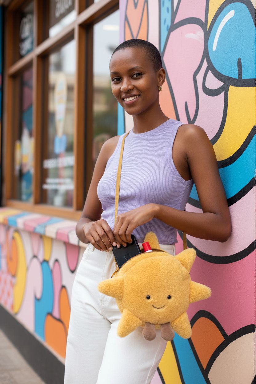 Jellycat Amuseables Sun Plush Bag being used at a colorful ice-cream shop, showcasing its playful charm.