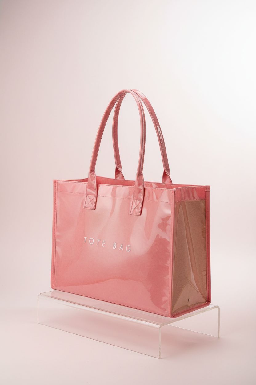 KALIDI pink tote bag displayed on an acrylic riser, highlighting its glossy finish
