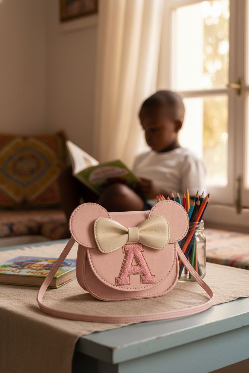 Mibasies pink purse beside a picture book in a cozy reading nook, highlighting its design.