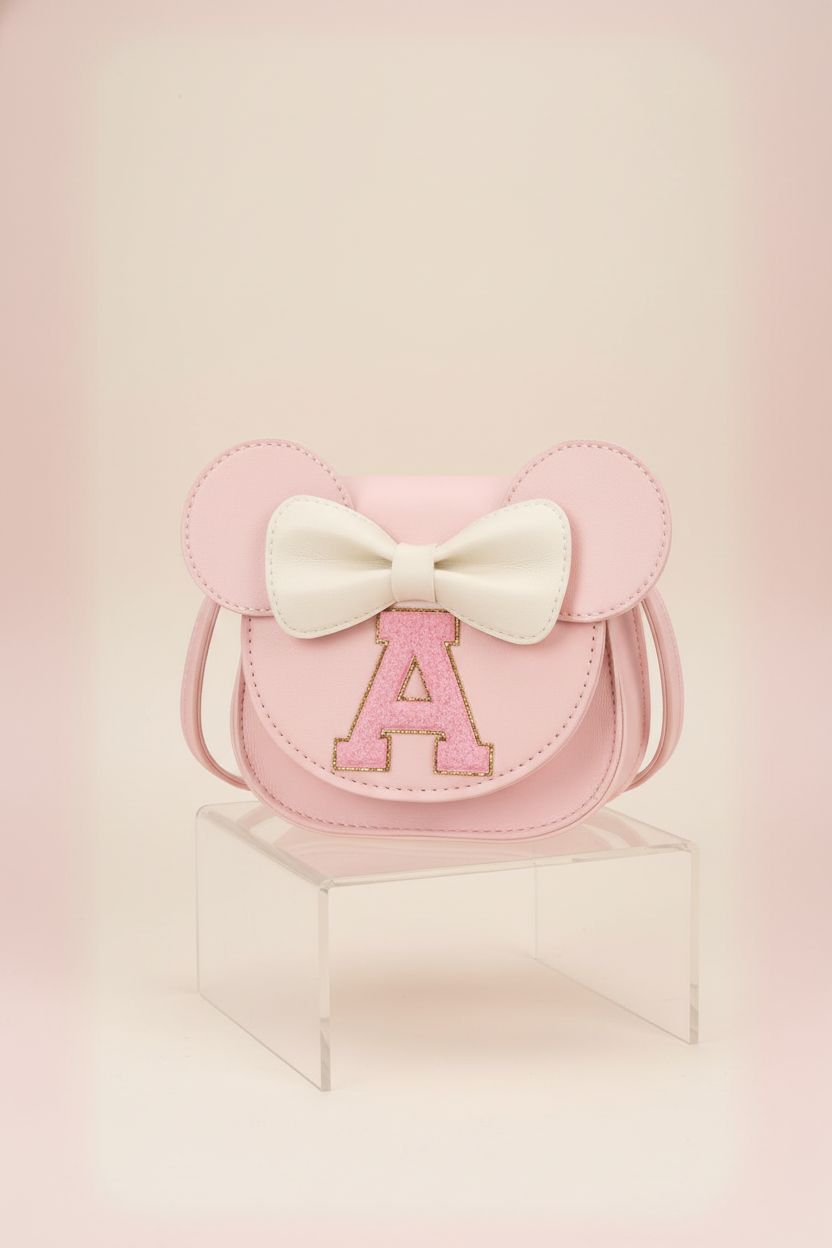 Mibasies pink purse on a cream backdrop, showcasing its smooth faux leather and bow detail.