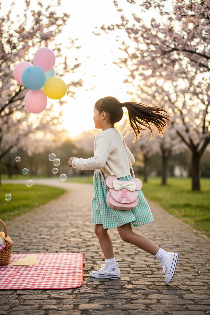 Mibasies warm pink purse with cream bow, bouncing on a child during a playful picnic.
