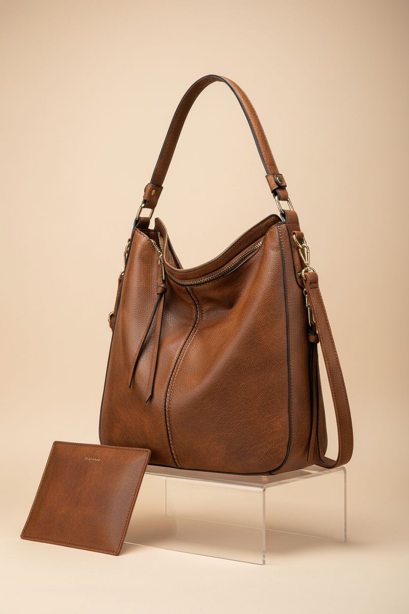 Realer large designer bucket purse on display, highlighting its premium faux leather.