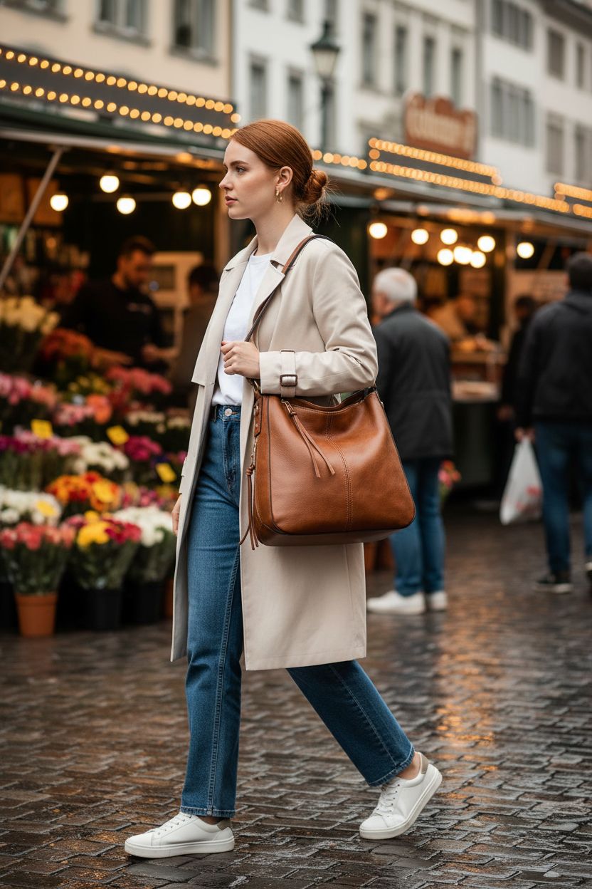 Realer large bucket purse in a market setting, ideal for weekend outings.