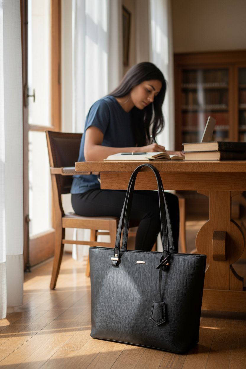 LOVEVOOK tote bag near oak table in library, perfect for study sessions.