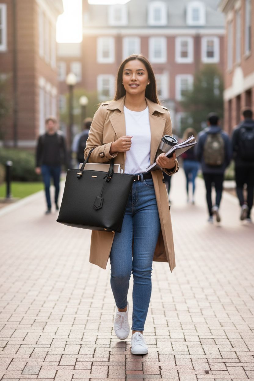 LOVEVOOK black textured tote bag on campus walkway, perfect for school use.