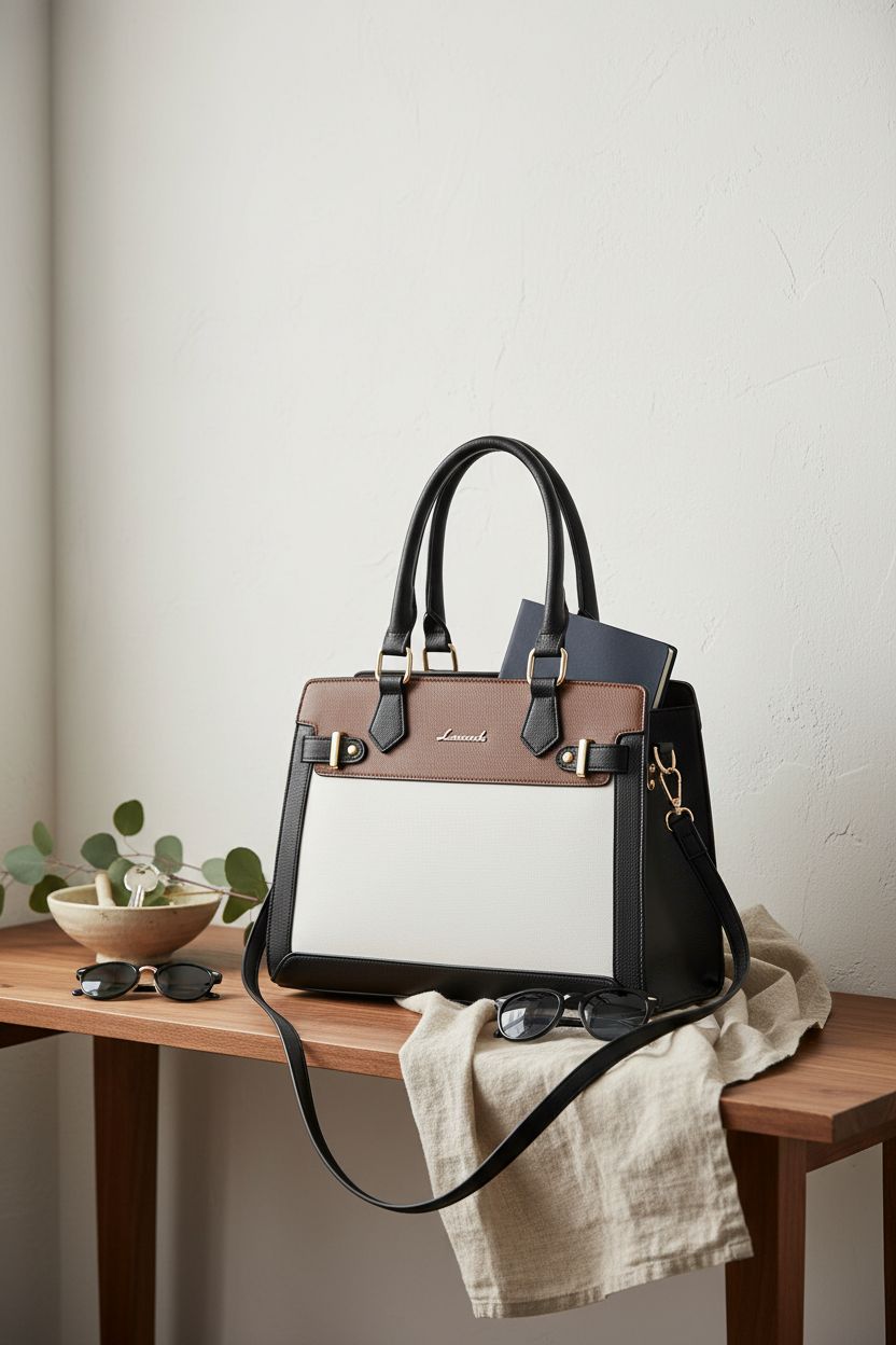 LOVEVOOK tote resting on a console, creating a serene entryway vignette with eucalyptus.