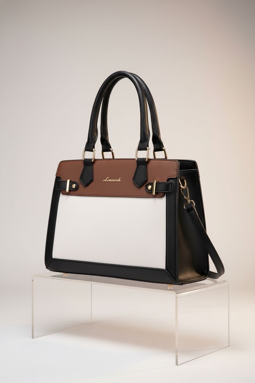 LOVEVOOK tote bag displayed on an acrylic riser, highlighting its texture and craftsmanship.