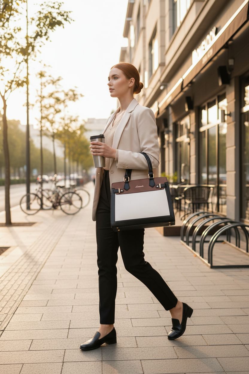 LOVEVOOK color-block tote bag elegantly held while walking on a tree-lined sidewalk.