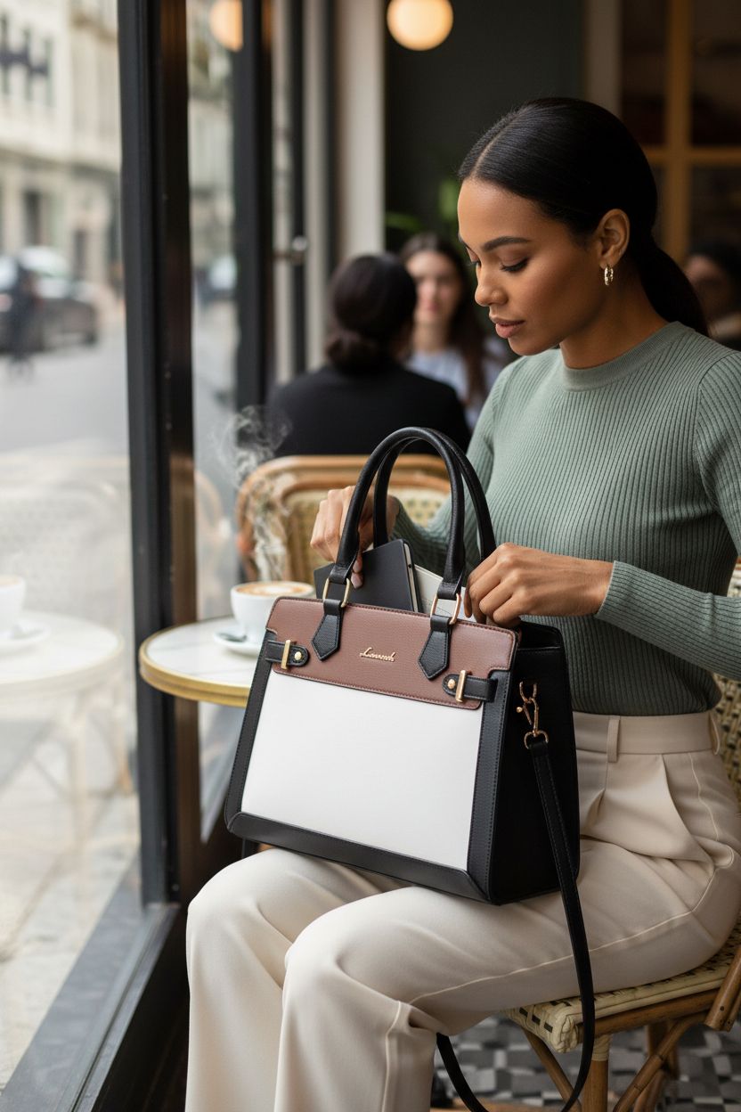 LOVEVOOK tote bag on a bistro table, showcasing organization with a phone and notebook.