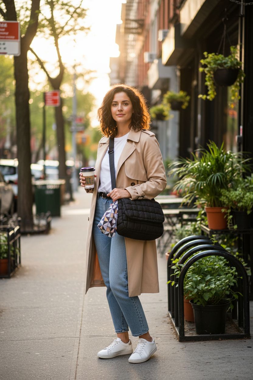 BAGSMART quilted puffer crossbody bag swinging lightly on a sunny street, perfect for hands-free outings.