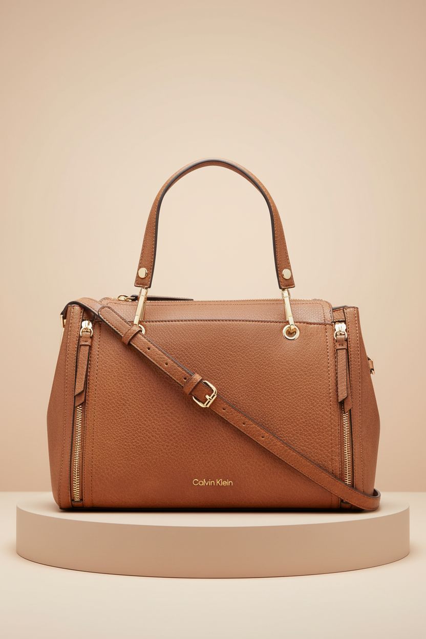 Calvin Klein Reyna Novelty Satchel on display, highlighting vegan leather and design details.