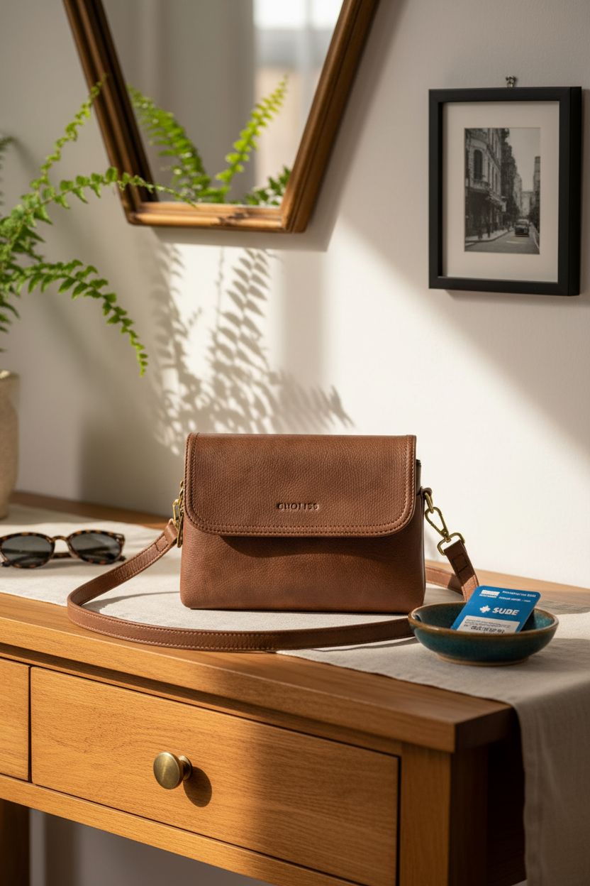 CHOLISS mini crossbody bag on a console, highlighting vegan leather texture and stylish accessories