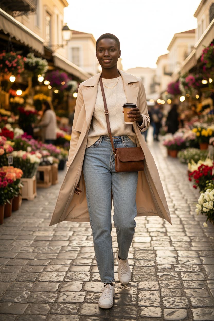 CHOLISS small crossbody bag in warm brown vegan leather, stylishly placed at hip level in a flower market