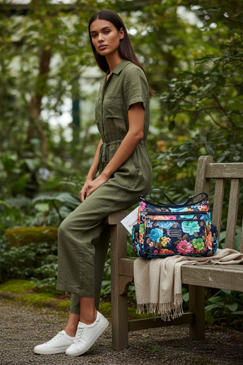 NOTAG Floral Bag resting on a linen scarf in a botanical garden, highlighting its vibrant design.