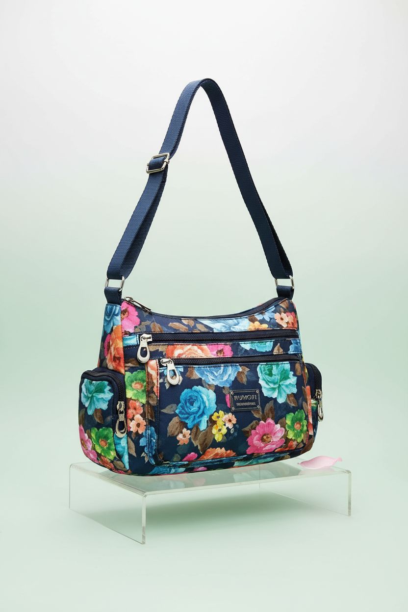 Close-up of NOTAG Floral Multi-Pocket Bag on a minimalist backdrop, showcasing its design details.