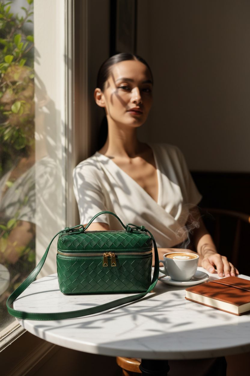 Cozy café scene featuring Honikoo green woven square purse beside a coffee cup and journal